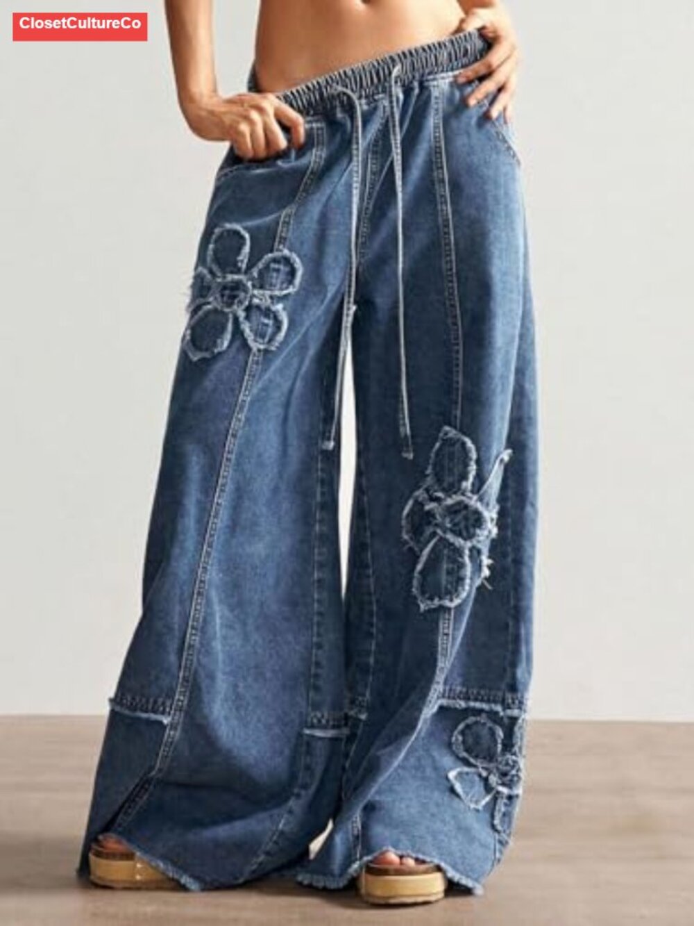Baggy Wide Leg Jeans Women Drawstring High Waisted Distressed Denim Pants - Picture 2 of 6